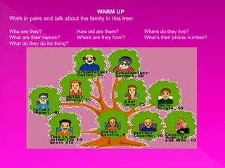 WARM UP 
Work in pairs and talk about the family in this tree: 
Who are they? How old are them? Where do they live? 
What are their names? Where are they from? What’s their phone number? 
What do they do for living? 
 