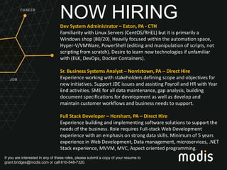 If you are interested in any of these roles, please submit a copy of your resume to
grant.bridges@modis.com or call 610-548-7320.
NOW HIRINGDev System Administrator – Exton, PA - CTH
Familiarity with Linux Servers (CentOS/RHEL) but it is primarily a
Windows shop (80/20). Heavily focused within the automation space,
Hyper-V/VMWare, PowerShell (editing and manipulation of scripts, not
scripting from scratch). Desire to learn new technologies if unfamiliar
with (ELK, DevOps, Docker Containers).
Sr. Business Systems Analyst – Norristown, PA – Direct Hire
Experience working with stakeholders defining scope and objectives for
new initiatives. Support JDE issues and assisting Payroll and HR with Year
End activities. SME for all data maintenance, gap analysis, building
document specifications for development as well as develop and
maintain customer workflows and business needs to support.
Full Stack Developer – Horsham, PA – Direct Hire
Experience building and implementing software solutions to support the
needs of the business. Role requires Full-stack Web Development
experience with an emphasis on strong data skills. Minimum of 5 years
experience in Web Development, Data management, microservices, .NET
Stack experience, MVVM, MVC, Aspect oriented programming.
 