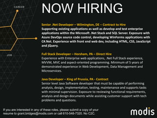 If you are interested in any of these roles, please submit a copy of your
resume to grant.bridges@modis.com or call 610-548-7320. No C2C.
NOW HIRING
Senior .Net Developer – Wilmington, DE – Contract to Hire
Supporting existing applications as well as develop and test enterprise
applications within the Microsoft .Net Stack and SQL Server. Exposure with
Azure DevOps source code control, developing WinForms applications with
C#.Net. Experience with front end web dev, including HTML, CSS, JavaScript
and jQuery.
Full Stack Developer – Horsham, PA – Direct Hire
Experience with Enterprise web applications, .Net Full Stack experience,
MVVM, MVC and aspect-oriented programming. Minimum of 5 years of
demonstrated experience in Web Development, Data Management and
Microservices.
Java Developer – King of Prussia, PA - Contract
Senior level Java Software developer that must be capable of performing
analysis, design, implementation, testing, maintenance and supports tasks
with minimal supervision. Exposure to reviewing functional requirements,
analysis and design documents while assisting customer support with tech
problems and questions.
 