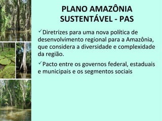 PLANO AMAZÔNIA
SUSTENTÁVEL - PAS
Diretrizes para uma nova política de
desenvolvimento regional para a Amazônia,
que considera a diversidade e complexidade
da região.
Pacto entre os governos federal, estaduais
e municipais e os segmentos sociais
 