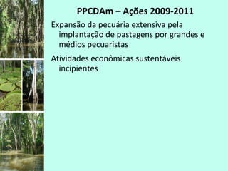 PPCDAm – Ações 2009-2011
Expansão da pecuária extensiva pela
implantação de pastagens por grandes e
médios pecuaristas
Atividades econômicas sustentáveis
incipientes
 