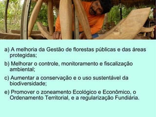 a) A melhoria da Gestão de florestas públicas e das áreas
protegidas;
b) Melhorar o controle, monitoramento e fiscalização
ambiental;
c) Aumentar a conservação e o uso sustentável da
biodiversidade;
e) Promover o zoneamento Ecológico e Econômico, o
Ordenamento Territorial, e a regularização Fundiária.
 