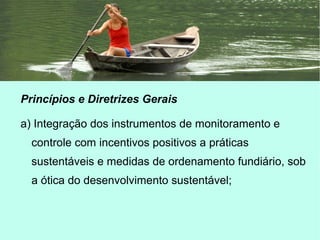 Princípios e Diretrizes Gerais
a) Integração dos instrumentos de monitoramento e
controle com incentivos positivos a práticas
sustentáveis e medidas de ordenamento fundiário, sob
a ótica do desenvolvimento sustentável;
 