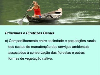 Princípios e Diretrizes Gerais
c) Compartilhamento entre sociedade e populações rurais
dos custos de manutenção dos serviços ambientais
associados à conservação das florestas e outras
formas de vegetação nativa.
 