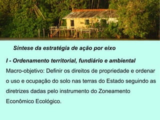 Síntese da estratégia de ação por eixo
I - Ordenamento territorial, fundiário e ambiental
Macro-objetivo: Definir os direitos de propriedade e ordenar
o uso e ocupação do solo nas terras do Estado seguindo as
diretrizes dadas pelo instrumento do Zoneamento
Econômico Ecológico.
 