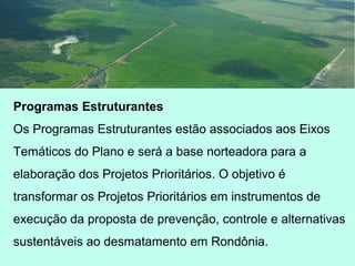 Programas Estruturantes
Os Programas Estruturantes estão associados aos Eixos
Temáticos do Plano e será a base norteadora para a
elaboração dos Projetos Prioritários. O objetivo é
transformar os Projetos Prioritários em instrumentos de
execução da proposta de prevenção, controle e alternativas
sustentáveis ao desmatamento em Rondônia.
 