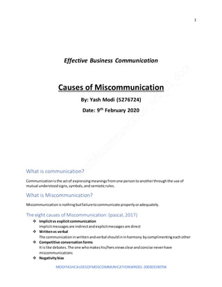1
MODIYASHCAUSESOFMOSCOMMUNICATIONWRD01-200303190704
Effective Business Communication
Causes of Miscommunication
By: Yash Modi (5276724)
Date: 9th
February 2020
What is communication?
Communicationisthe actof expressingmeaningsfromone persontoanotherthroughthe use of
mutual understoodsigns,symbols,and semioticrules.
What is Miscommunication?
Miscommunicationisnothingbutfailuretocommunicate properlyoradequately.
The eight causes of Miscommunication: (pascal, 2017)
 Implicitvs explicitcommunication
Implicitmessagesare indirectandexplicitmessagesare direct
 Writtenvs verbal
The communicationinwrittenandverbal shouldininharmony bycomplimentingeachother
 Competitive conversationforms
It islike debates.The one whomakeshis/hersviewsclearandconcise neverhave
miscommunications
 Negativitybias
 
