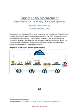 Modi_Yash_SCM_wrd01
Supply Chain Management
Introduction To The Supply Chain Management
By: Yash Modi(5276724)
Date: 5th
February, 2020
The management, planning, implementing, integrating, and controlling of the activities that
includes of physical, financial, and information networks that move the materials, funds,
and related information through the full logistics process..... from acquisition of raw
materials to delivery of finished goods And services to the end users. In other words: it is
the planning and management of all activities involved in sourcing and procurement,
conversion, and all logistics management activities
The process of SCM begins and ends with Customers1
OR
1 Image taken from: https://www.systra-tech.com/supply-chain-management/
 