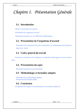 Projet : …                                                       Année universitaire : …




  Chapitre I. Présentation Générale

         I.1. Introduction
     Mettre le travail dans son contexte.

     Présentation de l’organisme d’accueil.

     Présentation du projet avec ces différentes problématiques.


         I.2. Présentation de l’organisme d’accueil
         Présentation de l’organisme d’accueil et focalisation sur le département dans lequel le
         projet a été réalisé.


         I.3. Cadre général du travail
     Présenter les orientations de l’entreprise, ses objectifs technologiques à court et moyen
terme.


         I.4. Présentation du sujet
         Présentation générale du travail demandé .

         I.5. Méthodologie et formalise adoptés
         Présentation de la méthodologie adoptée.
         Présentation du formalise adopté.

         I.6. Conclusion
     Récapitulatif du Chapitre I et enchaînement sur le prochain chapitre II.




  Chapitre : …                                                     Page : 2 /24
 