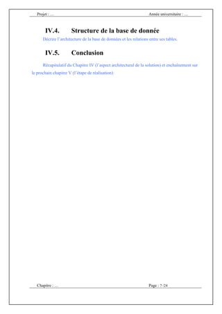 Projet : …                                                       Année universitaire : …



       IV.4.           Structure de la base de donnée
      Décrire l’architecture de la base de données et les relations entre ses tables.


       IV.5.           Conclusion
      Récapitulatif du Chapitre IV (l’aspect architectural de la solution) et enchaînement sur
le prochain chapitre V (l’étape de réalisation).




   Chapitre : …                                                     Page : 7 /24
 