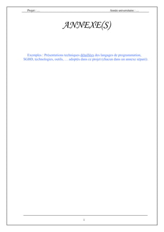 Projet : …                                              Année universitaire : …




                          ANNEXE(S)

  Exemples : Présentations techniques détaillées des langages de programmation,
SGBD, technologies, outils, … adoptés dans ce projet (chacun dans un annexe séparé).




                                        i
 