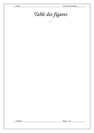 Projet : …                   Année universitaire : …




               Table des figures
                      ....




Chapitre : …                 Page : 3 /24
 