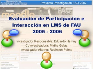 Evaluación de Participación e Interacción en LMS de FAU  2005 - 2006 Investigador Responsable: Eduardo Hamuy CoInvestigadora: Mirtha Galaz Investigador Alterno: Robinson Palma Proyecto Investigaci ón FAU 2007 