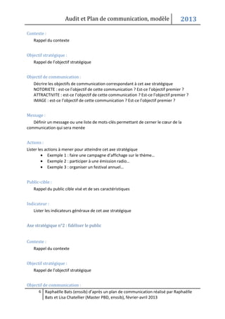 Audit et Plan de communication, modèle                        2013
Contexte :
   Rappel du contexte


Objectif stratégique :
   Rappel de l’objectif stratégique


Objectif de communication :
   Décrire les objectifs de communication correspondant à cet axe stratégique
   NOTORIETE : est-ce l’objectif de cette communication ? Est-ce l’objectif premier ?
   ATTRACTIVITE : est-ce l’objectif de cette communication ? Est-ce l’objectif premier ?
   IMAGE : est-ce l’objectif de cette communication ? Est-ce l’objectif premier ?


Message :
   Définir un message ou une liste de mots-clés permettant de cerner le cœur de la
communication qui sera menée


Actions :
Lister les actions à mener pour atteindre cet axe stratégique
         • Exemple 1 : faire une campagne d’affichage sur le thème…
         • Exemple 2 : participer à une émission radio…
         • Exemple 3 : organiser un festival annuel…


Public-cible :
   Rappel du public cible visé et de ses caractéristiques


Indicateur :
   Lister les indicateurs généraux de cet axe stratégique


Axe stratégique n°2 : fidéliser le public


Contexte :
   Rappel du contexte


Objectif stratégique :
   Rappel de l’objectif stratégique


Objectif de communication :
      6 Raphaëlle Bats (enssib) d’après un plan de communication réalisé par Raphaëlle
          Bats et Lisa Chatellier (Master PBD, enssib), février-avril 2013
 