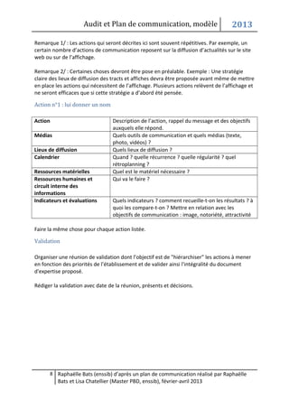 Audit et Plan de communication, modèle                            2013

Remarque 1/ : Les actions qui seront décrites ici sont souvent répétitives. Par exemple, un
certain nombre d’actions de communication reposent sur la diffusion d’actualités sur le site
web ou sur de l’affichage.

Remarque 2/ : Certaines choses devront être pose en préalable. Exemple : Une stratégie
claire des lieux de diffusion des tracts et affiches devra être proposée avant même de mettre
en place les actions qui nécessitent de l’affichage. Plusieurs actions relèvent de l’affichage et
ne seront efficaces que si cette stratégie a d’abord été pensée.

Action n°1 : lui donner un nom

Action                            Description de l’action, rappel du message et des objectifs
                                  auxquels elle répond.
Médias                            Quels outils de communication et quels médias (texte,
                                  photo, vidéos) ?
Lieux de diffusion                Quels lieux de diffusion ?
Calendrier                        Quand ? quelle récurrence ? quelle régularité ? quel
                                  rétroplanning ?
Ressources matérielles            Quel est le matériel nécessaire ?
Ressources humaines et            Qui va le faire ?
circuit interne des
informations
Indicateurs et évaluations        Quels indicateurs ? comment recueille-t-on les résultats ? à
                                  quoi les compare-t-on ? Mettre en relation avec les
                                  objectifs de communication : image, notoriété, attractivité

Faire la même chose pour chaque action listée.

Validation

Organiser une réunion de validation dont l’objectif est de "hiérarchiser" les actions à mener
en fonction des priorités de l’établissement et de valider ainsi l'intégralité du document
d'expertise proposé.

Rédiger la validation avec date de la réunion, présents et décisions.




      8 Raphaëlle Bats (enssib) d’après un plan de communication réalisé par Raphaëlle
          Bats et Lisa Chatellier (Master PBD, enssib), février-avril 2013
 