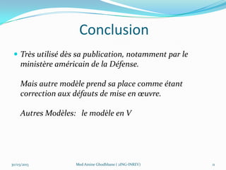 Conclusion
  Très utilisé dès sa publication, notamment par le
     ministère américain de la Défense.

     Mais autre modèle prend sa place comme étant
     correction aux défauts de mise en œuvre.

     Autres Modèles: le modèle en V




30/03/2013          Med Amine Ghodhbane ( 2ING-INREV)   11
 