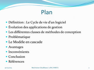 Plan
  Définition : Le Cycle de vie d’un logiciel
  Évolution des applications de gestion
  Les différentes classes de méthodes de conception
  Problématique
  Le Modèle en cascade
  Avantages
  Inconvénients
  Conclusion
  Références
30/03/2013         Med Amine Ghodhbane ( 2ING-INREV)   2
 