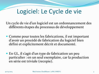 Logiciel: Le Cycle de vie
 Un cycle de vie d’un logiciel est un ordonnancement des
  différents étapes du processus de développement

  Comme pour toutes les fabrications, il est important
     d’avoir un procédé de fabrication du logiciel bien
     défini et explicitement décrit et documenté.

  En GL, il s’agit d’un type de fabrication un peu
     particulier : en un seul exemplaire, car la production
     en série est triviale (recopie).

30/03/2013          Med Amine Ghodhbane ( 2ING-INREV)         3
 