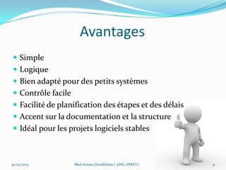 Avantages
 Simple
 Logique
 Bien adapté pour des petits systèmes
 Contrôle facile
 Facilité de planification des étapes et des délais
 Accent sur la documentation et la structure
 Idéal pour les projets logiciels stables



30/03/2013          Med Amine Ghodhbane ( 2ING-INREV)   9
 