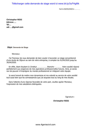 Modèle lettre de demande de stage professionnel pdf