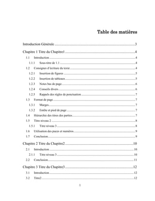 1
Table des matières
Introduction Générale ...........................................................................................3
Chapitre 1 Titre du Chapitre1...............................................................................4
1.1 Introduction.................................................................................................................4
1.1.1 Sous-titre de 1.1 ...................................................................................................4
1.2 Consignes d’écriture du texte......................................................................................4
1.2.1 Insertion de figures ..............................................................................................5
1.2.2 Insertion de tableaux............................................................................................5
1.2.3 Notes bas de page.................................................................................................6
1.2.4 Conseils divers.....................................................................................................6
1.2.5 Rappels des règles de ponctuation.......................................................................7
1.3 Format de page............................................................................................................7
1.3.1 Marges..................................................................................................................7
1.3.2 Entête et pied de page ..........................................................................................7
1.4 Hiérarchie des titres des parties...................................................................................7
1.5 Titre niveau 2 ..............................................................................................................8
1.5.1 Titre niveau 3 .......................................................................................................8
1.6 Utilisation des puces et numéros.................................................................................9
1.7 Conclusion...................................................................................................................9
Chapitre 2 Titre du Chapitre2.............................................................................10
2.1 Introduction...............................................................................................................10
2.1.1 Titre niveau 3 .....................................................................................................10
2.2 Conclusion.................................................................................................................11
Chapitre 3 Titre du Chapitre3.............................................................................12
3.1 Introduction...............................................................................................................12
3.2 Titre2.........................................................................................................................12
 