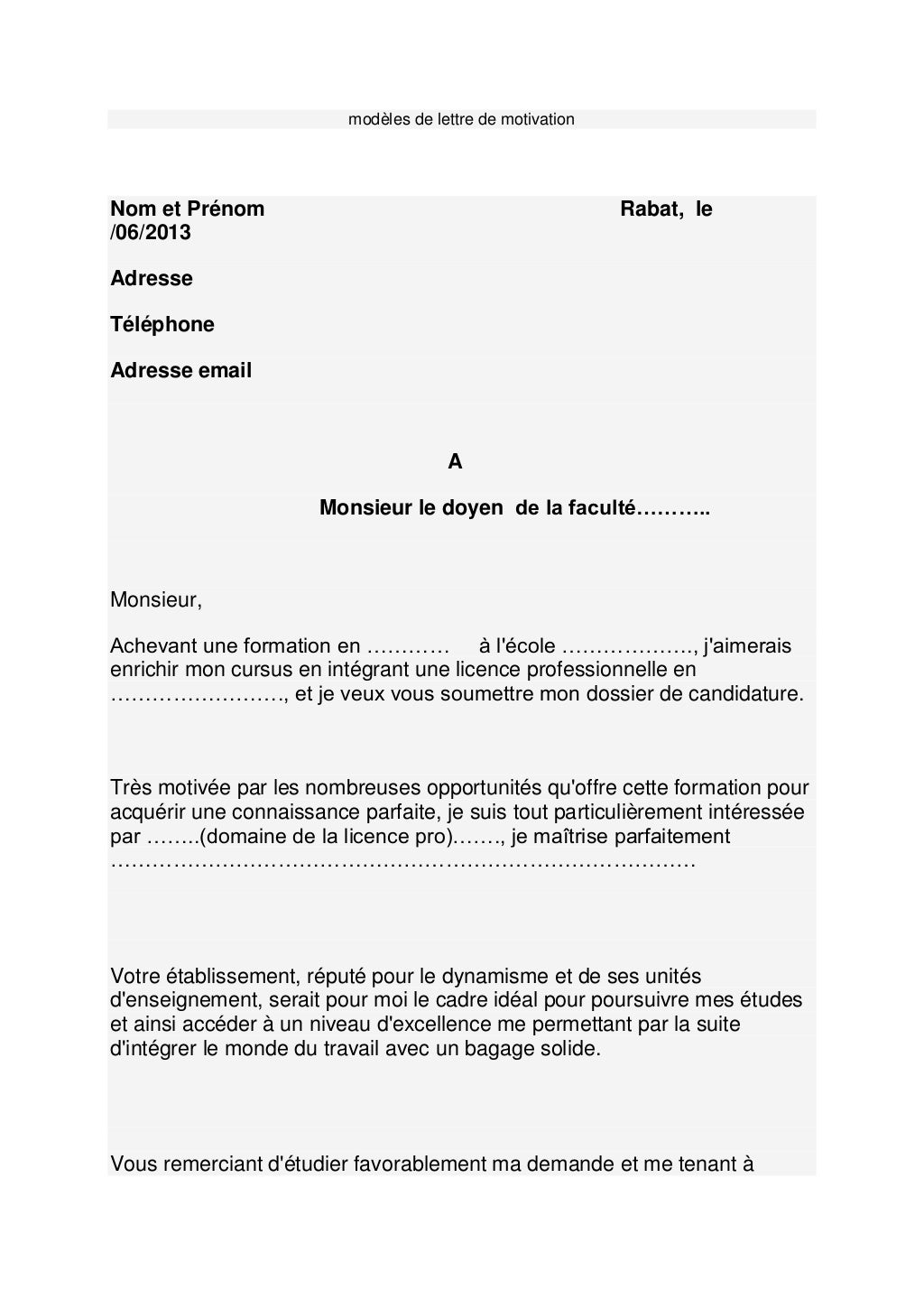 Modèles de lettre de motivation