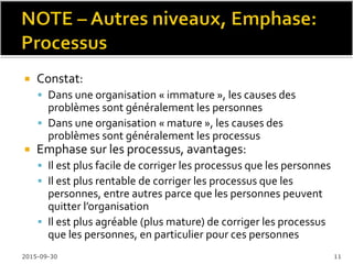  Héros:
 « Kingpins », Piliers
 Faible proportion de la population
▪ Difficulté de mettre des héros dans tous les projets
▪ Perte de héros (vacance, maladie, …): problème important
 Éviter de mettre l’emphase sur les héros
 Concentrer l’utilisation des héros pour:
▪ Orienter, supporter, aider l’organisation et les équipes projets
▪ Participer à définir les encadrements, processus, améliorations, …
(intégrer l’expérience, le « bagage », des héros dans les encadrements,
processus, … pour la systématisation, et pour en faire profiter les autres, et
l’organisation, et ce, même après le départ des héros)
2016-02-11 11
 