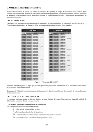 C. NOTIONS A PRENDRE EN COMPTE
Pour qu’une conception de ressort soit valide, le concepteur doit prendre en compte de nombreuses considérations. Elles
viennent directement de son problème de conception (considérations géométriques et fonctionnelles) mais aussi des contraintes
de fabrication et des normes de calcul. Nous avons regroupé les considérations principales à intégrer pour la conception d’un
ressort de compression.

1. LE DIAMETRE DU FIL
Les ressorts sont généralement conçus en exploitant les gammes de diamètres fournies en standard par les fabricants de fil. La
Figure 8 montre les diamètres de fil en acier DH et les résistances mécaniques à rupture (Rm) associées.




                                              Figure 8 : Fils en acier DH (AMIC)

Par contre, il faut bien garder à l’esprit que pour des applications particulières, les fabricants de fil peuvent livrer des bobines
de fils avec des diamètres sur mesure.

Remarque : le Tableau 1 met en évidence des limitations sur les diamètres de fil venant des capacités de mise en forme des
fabricants de ressorts.

2. LA CONTRAINTE MAXIMALE STATIQUE
La contrainte maximale statique ne doit pas dépasser la limite élastique du ressort. Nous rappelons d’abord la méthode de
définition des contraintes dans le corps des ressorts.

2.1. Calcul des contraintes pour les ressorts de compression
Voici la répartition des efforts intérieurs exploitée :
          r
         N : effort normal, orthogonal à la section s.
          r
         Tv : effort tranchant, dans le plan de la section s.
         Mf : moment de flexion autour d'un axe contenu dans le plan de la section s.
          v
         Mt : moment de torsion autour de l'axe orthogonal à la section s.


                                                                133
 