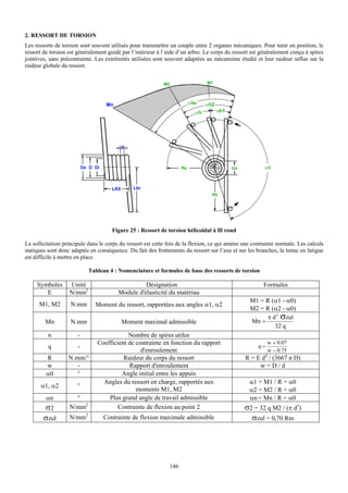 2. RESSORT DE TORSION
Les ressorts de torsion sont souvent utilisés pour transmettre un couple entre 2 organes mécaniques. Pour tenir en position, le
ressort de torsion est généralement guidé par l’intérieur à l’aide d’un arbre. Le corps du ressort est généralement conçu à spires
jointives, sans précontrainte. Les extrémités utilisées sont souvent adaptées au mécansime étudié et leur raideur influe sur la
raideur globale du ressort.




                                      Figure 25 : Ressort de torsion hélicoïdal à fil rond

La sollicitation principale dans le corps du ressort est cette fois de la flexion, ce qui amène une contrainte normale. Les calculs
statiques sont donc adaptés en conséquence. Du fait des frottements du ressort sur l’axe et sur les branches, la tenue en fatigue
est difficile à mettre en place.

                           Tableau 4 : Nomenclature et formules de base des ressorts de torsion

     Symboles      Unité                           Désignation                                          Formules
        E          N/mm2                 Module d'élasticité du matériau
                                                                                                  M1 = R (α1 - α0)
      M1, M2        N.mm      Moment du ressort, rapportées aux angles α1, α2
                                                                                                  M2 = R (α2 - α0)
                                                                                                       π d 3 σzul
        Mn          N.mm                  Moment maximal admissible                               Mn =
                                                                                                          32 q
          n            -                   Nombre de spires utiles
                               Coefficient de contrainte en fonction du rapport                            w + 0.07
          q            -                                                                              q=
                                                d'enroulement                                              w − 0.75
         R         N.mm/°                Raideur du corps du ressort                            R = E d4 / (3667 n D)
         w            -                    Rapport d'enroulement                                     w=D/d
         α0           °                 Angle initial entre les appuis
                                 Angles du ressort en charge, rapportés aux                       α1 = M1 / R + α0
       α1, α2          °
                                              moments M1, M2                                      α2 = M2 / R + α0
         αn          °             Plus grand angle de travail admissible                         αn = Mn / R + α0
        σ2         N/mm2               Contrainte de flexion au point 2                         σ2 = 32 q M2 / (π d3)
        σzul       N/mm2          Contrainte de flexion maximale admissible                       σzul = 0,70 Rm




                                                               146
 
