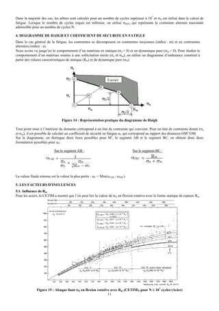 Dans la majorité des cas, les arbres sont calculés pour un nombre de cycles supérieur à 107 et σD est utilisé dans le calcul de
fatigue. Lorsque le nombre de cycles requis est inférieur, on utilise σD(N) qui représente la contrainte alternée maximale
admissible pour un nombre de cycles N.

4. DIAGRAMME DE HAIGH ET COEFFICIENT DE SECURITE EN FATIGUE
Dans le cas général de la fatigue, les contraintes se décomposent en contraintes moyennes (indice : m) et en contraintes
alternées (indice : a).
Nous avons vu jusqu’ici le comportement d’un matériau en statique (σa = 0) et en dynamique pure (σm = 0). Pour étudier le
comportement d’un matériau soumis à une sollicitation mixte (σa et σm), on utilise un diagramme d’endurance construit à
partir des valeurs caractéristiques de statique (Rm) et de dynamique pure (σD)




                                Figure 14 : Représentation pratique du diagramme de Haigh

Tout point situé à l’intérieur du domaine correspond à un état de contrainte qui convient. Pour un état de contrainte donné (σa
et σm), il est possible de calculer un coefficient de sécurité en fatigue αF qui correspond au rapport des distances OM’/OM.
Sur le diagramme, on distingue deux lieux possibles pour M’, le segment AB et le segment BC, on obtient donc deux
formulation possibles pour αF.

                           Sur le segment AB :                                   Sur le segment BC :




La valeur finale retenue est la valeur la plus petite : αF = Min(αFAB ; αFBC)

5. LES FACTEURS D’INFLUENCES
5.1. Influence de Rm
Pour les aciers, le CETIM a montré que l’on peut lier la valeur de σD en flexion rotative avec la limite statique de rupture Rm.




              Figure 15 : Abaque liant σD en flexion rotative avec Rm (CETIM), pour N ≥ 107 cycles (Acier)
                                                            11
 