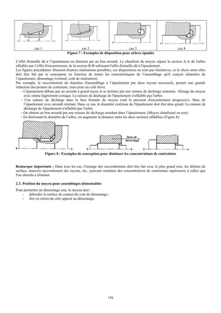 cas 1                          cas 2                        cas 3                                   cas 4
                                   Figure 7 : Exemples de disposition pour arbres épaulés

L'effet d'entaille dû à l’épaulement est diminué par un bon arrondi. Le chanfrein du moyeu sépare la section A-A de l'arbre
affaiblie par l’effet d'encastrement, de la section B-B subissant l'effet d'entaille dû à l'épaulement.
Les figures précédentes illustrent d'autres réalisations possibles; ces dispositions ne sont pas limitatives, et le choix entre elles
doit être fait par le concepteur en fonction de toutes les caractéristiques de l’assemblage qu'il conçoit (diamètre de
l’épaulement, démontage éventuel, coût de réalisation).
Par exemple, le raccordement du diamètre d'assemblage à l’épaulement par deux rayons successifs, permet une grande
réduction des pointes de contrainte, mais pour un coût élevé.
    - L'épaulement débute par un arrondi à grand rayon et se termine par une rainure de décharge rentrante. Alésage du moyeu
      avec entrée légèrement conique. La rainure de décharge de l'épaulement n'affaiblit pas l'arbre.
    - Une rainure de décharge dans la face frontale du moyeu rend la pression d'encastrement progressive. Base de
      l’épaulement avec arrondi rentrant. Dans ce cas, le diamètre extérieur de l'épaulement doit être plus grand. La rainure de
      décharge de l'épaulement n'affaiblit pas l'arbre.
    - On obtient un bon arrondi par une rainure de décharge mordant dans l’épaulement. (Moyeu chanfreiné ou non).
    - En diminuant le diamètre de l’arbre, on augmente la distance entre les deux sections affaiblies (Figure 8).




                     Figure 8 : Exemples de conception pour diminuer les concentrations de contraintes


Remarque importante : Dans tous les cas, l'usinage des raccordements doit être fait avec le plus grand soin, les défauts de
surface, mauvais raccordement des rayons, etc., pouvant entraîner des concentrations de contraintes supérieures à celles que
l'on cherche à éliminer.

2.3. Position du moyeu pour assemblages démontables
Pour permettre un démontage aisé, le moyeu doit :
    - déborder la surface de contact du coté du démontage ;
    - être en retrait du côté opposé au démontage.




                                                                156
 