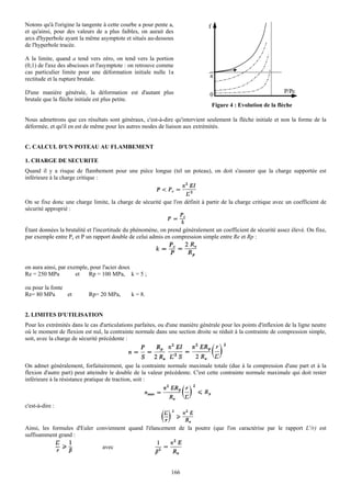 Notons qu'à l'origine la tangente à cette courbe a pour pente a,               f
et qu'ainsi, pour des valeurs de a plus faibles, on aurait des
arcs d'hyperbole ayant la même asymptote et situés au-dessous
de l'hyperbole tracée.

A la limite, quand a tend vers zéro, on tend vers la portion
(0,1) de l'axe des abscisses et l'asymptote : on retrouve comme
cas particulier limite pour une déformation initiale nulle 1a
                                                                                a
rectitude et la rupture brutale.

D'une manière générale, la déformation est d'autant plus                                                        P/Pc
                                                                                0
brutale que la flèche initiale est plus petite.
                                                                                   Figure 4 : Evolution de la flèche

Nous admettrons que ces résultats sont généraux, c'est-à-dire qu'intervient seulement la flèche initiale et non la forme de la
déformée, et qu'il en est de même pour les autres modes de liaison aux extrémités.


C. CALCUL D'UN POTEAU AU FLAMBEMENT

1. CHARGE DE SECURITE
Quand il y a risque de flambement pour une pièce longue (tel un poteau), on doit s'assurer que la charge supportée est
inférieure à la charge critique :



On se fixe donc une charge limite, la charge de sécurité que l'on définit à partir de la charge critique avec un coefficient de
sécurité approprié :


Étant données la brutalité et l'incertitude du phénomène, on prend généralement un coefficient de sécurité assez élevé. On fixe,
par exemple entre Pc et P un rapport double de celui admis en compression simple entre Re et Rp :




on aura ainsi, par exemple, pour l'acier doux
Re = 250 MPa          et   Rp = 100 MPa, k = 5 ;

ou pour la fonte
Re= 80 MPa       et        Rp= 20 MPa,        k = 8.


2. LIMITES D'UTILISATION
Pour les extrémités dans le cas d'articulations parfaites, ou d'une manière générale pour les points d'inflexion de la ligne neutre
où le moment de flexion est nul, la contrainte normale dans une section droite se réduit à la contrainte de compression simple,
soit, avec la charge de sécurité précédente :



On admet généralement, forfaitairement, que la contrainte normale maximale totale (due à la compression d'une part et à la
flexion d'autre part) peut atteindre le double de la valeur précédente. C'est cette contrainte normale maximale qui doit rester
inférieure à la résistance pratique de traction, soit :



c'est-à-dire :


Ainsi, les formules d'Euler conviennent quand l'élancement de la poutre (que l'on caractérise par le rapport L'/r) est
suffisamment grand :

                                 avec



                                                               166
 