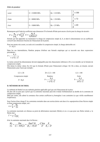 Ordre de grandeur

                                                                                                   1
- acier                          E = 210000 MPa                   Re = 210 MPa                         ≈ 100
                                                                                                   β
                                                                                                   1
- fonte                          E = 80000 MPa                    Re = 150 MPa                         ≈ 72
                                                                                                   β
                                                                                                   1
- bois                           E = 10000 MPa                    Re = 25 MPa                          ≈ 60
                                                                                                   β

Remarquons qu'à l'aide du coefficient sans dimension f3 la formule d'Eider peut encore s'écrire pour la charge de sécurité :



formule qui fait apparaître au numérateur la charge de compression simple Rp S, et dont le dénominateur est un coefficient
correctif sans dimension fonction de l'élancement de la poutre.

Pour une poutre très courte, ou seule est à considérer la compression simple, la charge admissible est :
   P = RP S

Dans les cas intermédiaires, Rankine propose d'utiliser une formule empirique qui se raccorde aux deux expressions
précédentes :
         R pS
P=
           ( )
    1 + β 2 L' r
                 2




Le terme correctif du dénominateur devient négligeable pour des élancements inférieurs à 20, et on retombe sur la formule de
compression simple.
Elle donne la même valeur (Rp S/2) que la formule d'Euler pour l'élancement critique 1/β. On a donc, en résumé, suivant
l'élancement, pour l'acier par exemple :

                L' r ≤ 20                                20 ≤ L' r < 100                                L' r > 100
          Compression simple                                 Rankine                                        Euler
                                                                R pS                                          R pS
                                                        P=                                             P=
                 P = RpS
                                                                    ( )
                                                             1 + β 2 L' r
                                                                            2
                                                                                                               ( )
                                                                                                            2β2 L' r
                                                                                                                       2



D. MÉTHODE DE DUTHEIL

La méthode de Dutheil est une méthode générale applicable quel que soit l'élancement de la pièce.
De plus elle ne pose pas à priori que la contrainte maximale peut être évaluée forfaitairement au double de la contrainte de
compression simple.
Mais par contre, elle admet la constance d'un certain coefficient n0 homogène à une contrainte (ce que vérifie sensiblement
l'expérience).

Sous l'action d'une charge P, les contraintes normales dans une section droite sont dues à la -superposition d'une flexion simple
et d'une compression simple, soit :



La contrainte maximale est obtenue au point de déformation maximale (flèche) et on a vu que pour une flèche initiale a, la
flèche était :



d'où, la contrainte maximale due à la flexion :




                                                               167
 