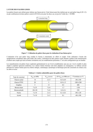 2. ETUDE DES PALIERS LISSES
Les paliers lissent sont utilisés pour réaliser une liaison pivot. Cette liaison peut être réalisée par un seul palier long (L/D>1,5)
ou par combinaison de deux paliers courts (L/D<0,8) avec pour les deux cas, un jeu de l’ordre de j = D/2000.

                                                     1 coussinet long




                                                     2 coussinets courts




                          Figure 7 : Utilisation de paliers lisses pour la réalisation d’une liaison pivot

L’utilisation d’un seul palier long conduit la liaison à transmettre un effort et couple. Cette utilisation s’écarte des
modélisations considérées dans cette étude. Par contre, l’utilisation de deux paliers courts distants conduit à des transmissions
d’efforts sans couple qui sont en bonne corrélation avec les modélisations présentées. C’est cette configuration qui est étudiée.

Les manufacturiers de paliers lisses exploitent généralement le cas b de la modélisation sans jeu car c’est le modèle le plus
simple à exploiter (pression uniforme). Les valeurs limites fournies sont alors adaptées en conséquence. Le tableau suivant
présente les valeurs limites pour les critères statique, cinématique, dynamique et thermique pour des coussinets en contact avec
un arbre en acier.

                                     Tableau 2 : Limites admissibles pour des paliers lisses

          Type de coussinet              Padm en MPa             Vadm en m/s       (P.V)adm en MPa.m/s       T°extrêmes en °C

             Glacier acétal                   14                    2à3                  0,5 à 0,9                -40 à 100
             Glacier PTFE                     20                        3                0,9 à 1,5               -200 à 280
               Graphite                       5                         13                  0,5                      400
             Bronze-étain                   7 à 35                  7à8                     1,7                     >250
            Bronze-plomb                   20 à 30                  7à8                  1,8 à 2,1                   250
                 Nylon                      7 à 10                  2à3                  0,1 à 0,3                -80 à 120
                Acetal                      7 à 10                  2à3                     0,1                   -40 à 100




                                                                 175
 