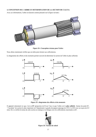 4. CONCEPTION DE L’ARBRE ET DETERMINATION DE LA SECTION DE CALCUL
Avec ces informations, l’arbre est dessiné comme présenté sur la figure suivante :




                                         Figure 24 : Conception retenue pour l'arbre

Nous allons maintenant vérifier que cet arbre peut résister aux sollicitations.

Le diagramme des efforts et des moments permet souvent de déterminer la section de l’arbre la plus sollicitée.




                                      Figure 25 : diagramme des efforts et des moments

Il apparaît clairement ici que c’est en B’ (projection de B sur l’axe x) que l’arbre est le plus sollicité. Autour du point B’,
‘ l’accident’ de section le plus important est l’épaulement à gauche du pignon (passage de ∅53.2 à ∅43 avec un rayon de 0.5
mm). On va vérifier la tenue de cette section en statique et en fatigue avec les sollicitations maximales en B’.




                                                  Figure 26 : Section de calcul

                                                                17
 