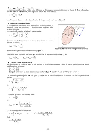 1.2. Le rapprochement des deux solides
Le rapprochement δ des deux solides est la différence de distance prise perpendiculairement au plan π, de deux points situés
loin des zones de déformation, entre la position initiale et la position finale.
          3π
    δ=r      (k1 + k2)N
          4a

La valeur du coefficient r est donnée en fonction de l'angle ϕ par la courbe de la Figure 2.

1.3. Pression de contact maximale
Si la déformation est connue, alors la théorie de l'élasticité permet de
déduire le champ des contraintes. La déformation est modélisée selon
un demi-ellipsoïde.
La répartition de pression se fait sur le même modèle :
                            2          2
         3N     ⎛x⎞ ⎛y⎞
     σ=      1− ⎜ ⎟ − ⎜ ⎟
        2πab    ⎝a ⎠ ⎝b⎠
                                                                                                       I
Au centre, en I, la déformation est maximale, il en est de même pour la
pression de contact ;
                      3N
    pMax = σMax =
                     2πab
                                                                                    Figure 3 : Modélisation de la pression de contact
A la frontière la pression de contact est nulle (Figure 3).

On exprime aussi la pression maximale (pMax) en fonction de la pression moyenne (pmoy), soit :
          3                             N
   pMax = pmoy           pmoy = σmoy =
          2                            πab

1.4. Exemple : contact sphère/sphère
Soit deux sphères de rayons R1 et R2, si l’on applique les différentes relations sur l’étude du contact sphère/sphère, on obtient
les informations suivantes :
    C1 = C’1 = 1/R1
    C2 = C’2 = 1/R2
    L'angle θ formé entre les plans principaux de courbures Pl et P2 vaut θ = 0°, soit ϕ = 90° et m = n = r = 1.

Les paramètres géométriques a et b sont égaux (a = b). L’aire de contact est un cercle de diamètre 2.a, avec l’expression de a
qui vaut :
            3. π. (k1 + k2).N
     a =3
               4 (C1 + C2)
ou
            3. π. (k1 + k2).R1.R 2.N
     a =3
                   4 (R1 + R 2)

La pression de contact maximale est égale :
             3N
    pMax =      2
            2πa
ou
                          N. (R1 + R 2)2
     pMax = 0,388 . 3                  2     2
                        (k1 + k2)2.R1 .R 2

Le calcul du rapprochement δ devient :
         3π                                             3. π. (k1 + k 2).R1.R 2.N
    δ=         (k1 + k 2)N    et                 a3 =
         4a                                                    4 (R 1 + R 2 )
d’où
        a 2 .( R 1 + R 2 )
    δ=
              R 1 .R 2



                                                                       25
 