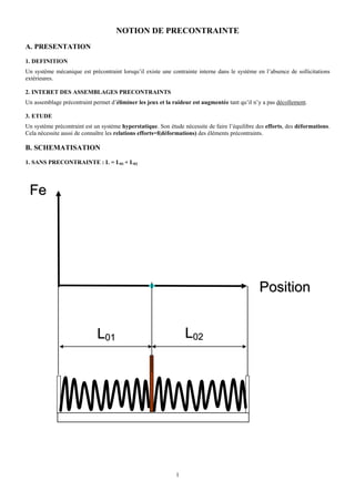 NOTION DE PRECONTRAINTE
A. PRESENTATION
1. DEFINITION
Un système mécanique est précontraint lorsqu’il existe une contrainte interne dans le système en l’absence de sollicitations
extérieures.

2. INTERET DES ASSEMBLAGES PRECONTRAINTS
Un assemblage précontraint permet d’éliminer les jeux et la raideur est augmentée tant qu’il n’y a pas décollement.

3. ETUDE
Un système précontraint est un système hyperstatique. Son étude nécessite de faire l’équilibre des efforts, des déformations.
Cela nécessite aussi de connaître les relations efforts=f(déformations) des éléments précontraints.

B. SCHEMATISATION
1. SANS PRECONTRAINTE : L = L01 + L02




 Fe




                                                                                                Position


                             L01                                 L02




                                                             1
 