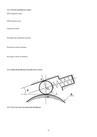 3.2.3. Pression maximale de contact

Effort tangentiel requis



Effort normal associé



Largeur de contact




Profondeur du cisaillement maximal




Pression de contact maximale




Rm requis et choix du matériau




3.2.4. Etude du décollement d’un galet (avec ressort)




3.2.5. Force du ressort au moment du décollement




                                                        32
 