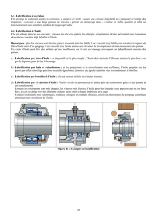 6.1. Lubrification à la graisse
Elle protège le roulement contre la corrosion, y compris à l’arrêt ; assure une certaine étanchéité en s’opposant à l’entrée des
impuretés ; convient à une large gamme de vitesses ; permet un démarrage doux ; s’utilise en faible quantité et offre un
fonctionnement sans entretien pendant de longues périodes.

6.2. Lubrification à l’huile
Elle est utilisée dans les cas suivants : vitesses très élevées, paliers très chargés, températures élevées nécessitant une évacuation
des calories, machine déjà lubrifiée à l’huile.

Remarques : plus les vitesses sont élevées, plus la viscosité doit être faible. Une viscosité trop faible peut entraîner la rupture du
film d’huile suivi d’un grippage. Une viscosité trop élevée amène une élévation de la température de fonctionnement des paliers.
Un excès d’huile peut être plus néfaste qu’une insuffisance car il crée un brassage provoquant un échauffement anormal des
paliers.

a) Lubrification par bain d’huile : ce dispositif est le plus simple ; l’huile doit atteindre l’élément roulant le plus bas et ne
   pas le dépasser pour éviter le brassage.

b) Lubrification par bain et ruissellement : si les projections et le ruissellement sont suffisants, l’huile projetée sur les
   parois par effet centrifuge peut être recueillie (goulottes, larmiers, etc.) puis canalisée vers les roulements à lubrifier.

c) Lubrification par brouillard d’huile : elle est surtout utilisée aux hautes vitesses.

d) Lubrification par circulation d’huile : l’huile circule en permanence et arrive près des roulements grâce à une pompe et
   des canalisations.
   Lorsque les roulements sont très chargés, les vitesses très élevées, l’huile peut être injectée sous pression par un ou deux
   becs. Le jet est dirigé vers les éléments roulants juste entre la bague intérieure et la cage.
   Certains roulements non symétriques, rouleaux coniques et contacts obliques, créent un phénomène de pompage centrifuge
   entraînant une circulation de l’huile.




                                              Figure 14 : Exemples de lubrification




                                                                 49
 