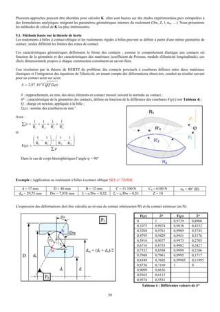 Plusieurs approches peuvent être abordées pour calculer K. elles sont basées sur des études expérimentales puis extrapolées à
des formulations analytiques intégrant les paramètres géométriques internes du roulement (Dw, Z, l, α0, …). Nous présentons
les méthodes de calcul de K les plus intéressantes.

5.1. Méthode basée sur la théorie de hertz
Les roulements à billes à contact oblique et les roulements rigides à billes peuvent se définir à partir d'une même géométrie de
contact, seules diffèrent les limites des zones de contact.

Ces caractéristiques géométriques définissent la forme des contacts ; comme le comportement élastique aux contacts est
fonction de la géométrie et des caractéristiques des matériaux (coefficient de Poisson, module d'élasticité longitudinale), ces
choix dimensionnels propres à chaque constructeur constituent un savoir-faire.

Une résolution par la théorie de HERTZ du problème des contacts ponctuels à courbures définies entre deux matériaux
élastiques et l’intégration des équations de l'élasticité, en tenant compte des déformations observées, conduit au résultat suivant
pour un contact acier sur acier.
                   -4 *    2
      δ = 2,97 . 10 δ 3 Q (Σρ)

      δ : rapprochement, en mm, des deux éléments en contact mesuré suivant la normale au contact ;
      δ* : caractéristique de la géométrie des contacts, définie en fonction de la différence des courbures F(ρ) (voir Tableau 4) ;
      Q : charge en newton, appliquée à la bille ;
      Σ(ρ) : somme des courbures en mm-1.
                                                                                                   R1
Avec :
                                                                                                                             P1
              1   1   1    1
      ∑ρ =      +   +    +
              R1 R 2 R1 R ′
                       ′    2                                                                           R'1                       ϕ
et
             ⎛ 1  1        ⎞ ⎛ 1  1      ⎞                                                                                   P2
             ⎜
             ⎜R − R'       ⎟+⎜
                           ⎟ ⎜R − R'     ⎟
                                         ⎟                                                            R'2
      F(ρ) = ⎝ 1   1       ⎠ ⎝ 2   2     ⎠
                            ∑ ρ

      Dans le cas de corps hémisphériques l’angle ϕ = 90°
                                                                                                              R2


Exemple : Application au roulement à billes à contact oblique SKF n° 7203BE

       d = 17 mm            D = 40 mm                 B = 12 mm              C = 11 100 N          C0 = 6100 N         α0 = 40° (B)
     dm = 29,75 mm         Dw = 7,938 mm          fi = ri/Dw = 0,52        fe = re/Dw = 0,53          Z = 10


L'expression des déformations doit être calculée au niveau du contact intérieur(en M) et du contact extérieur (en N).

                                 α0                                                         F(ρ)           δ*        F(ρ)        δ*
                                                               P1                         0             1          0,9729     0,4960
                                                                                          0,1075        0,9974     0,9838     0,4352
                                  N                                                       0,3204        0,9761     0,9909     0,3745
                                       Dw
                                                                                          0,4795        0,9429     0,9951     0,3176
                           re                                                             0,5916        0,9077     0,9973     0,2705
                                 ri                                                       0,6716        0,8733     0,9982     0,2427
                            M                       dm = (di + de)/2                      0,7332        0,8394     0,9989     0,2106
       D      de                                                                          0,7948        0,7961     0,9995     0,1717
                                                                                          0,8349        0,7602     0,99985    0,11995
                                                                                          0,8736        0,7169     1          0
                                 di           d                                           0,9099        0,6636
                                                                                          0,9365        0,6112
                      P2
                                                                                          0,9574        0,5551
                                                                                               Tableau 4 : Différentes valeurs de δ*

                                                                      58
 