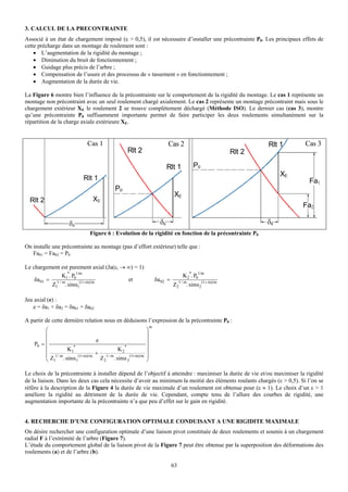 3. CALCUL DE LA PRECONTRAINTE
Associé à un état de chargement imposé (ε > 0,5), il est nécessaire d’installer une précontrainte P0. Les principaux effets de
cette précharge dans un montage de roulement sont :
    • L’augmentation de la rigidité du montage ;
    • Diminution du bruit de fonctionnement ;
    • Guidage plus précis de l’arbre ;
    • Compensation de l’usure et des processus de « tassement » en fonctionnement ;
    • Augmentation de la durée de vie.

La Figure 6 montre bien l’influence de la précontrainte sur le comportement de la rigidité du montage. Le cas 1 représente un
montage non précontraint avec un seul roulement chargé axialement. Le cas 2 représente un montage précontraint mais sous le
chargement extérieur XE le roulement 2 se trouve complètement déchargé (Méthode ISO). Le dernier cas (cas 3), montre
qu’une précontrainte P0 suffisamment importante permet de faire participer les deux roulements simultanément sur la
répartition de la charge axiale extérieure XE.


                           Cas 1                                      Cas 2                                Rlt 1         Cas 3
                                             Rlt 2                                                 Rlt 2

                                                                      Rlt 1         P0
                                                                                                                XE
                         Rlt 1                                                                                            Fa1
                                       P0
                                                                          XE
  Rlt 2                      XE
                                                                                                                        Fa2

                   δa                                            δa                                        δa
                            Figure 6 : Evolution de la rigidité en fonction de la précontrainte P0

On installe une précontrainte au montage (pas d’effort extérieur) telle que :
   Fa01 = Fa02 = P0

Le chargement est purement axial (Ja(εi → ∞) = 1)
                K *. P 1/m                                                     K 2*. P01/m
    δa 01 = 1 / m 1 0 (1+ m)/m            et                   δa 02 =
           Z1 . sinα1                                                    Z21 / m. sinα2(1 + m)/m

Jeu axial (e) :
   e = δa1 + δa2 = δa01 + δa02

A partir de cette dernière relation nous en déduisons l’expression de la précontrainte P0 :
                                                           m
         ⎛                                             ⎞
         ⎜                                             ⎟
         ⎜                        e                    ⎟
    P0 = ⎜              *                              ⎟
         ⎜            K1                    K *        ⎟
                                  + 1 / m 2 (1+ m)/m
         ⎜ Z 1 / m . sinα (1+ m)/m Z     . sinα 2      ⎟
         ⎝ 1              1          2                 ⎠

Le choix de la précontrainte à installer dépend de l’objectif à atteindre : maximiser la durée de vie et/ou maximiser la rigidité
de la liaison. Dans les deux cas cela nécessite d’avoir au minimum la moitié des éléments roulants chargés (ε > 0,5). Si l’on se
réfère à la description de la Figure 4 la durée de vie maximale d’un roulement est obtenue pour (ε ≈ 1). Le choix d’un ε > 1
améliore la rigidité au détriment de la durée de vie. Cependant, compte tenu de l’allure des courbes de rigidité, une
augmentation importante de la précontrainte n’a que peu d’effet sur le gain en rigidité.


4. RECHERCHE D’UNE CONFIGURATION OPTIMALE CONDUISANT A UNE RIGIDITE MAXIMALE
On désire rechercher une configuration optimale d’une liaison pivot constituée de deux roulements et soumis à un chargement
radial F à l’extrémité de l’arbre (Figure 7).
L’étude du comportement global de la liaison pivot de la Figure 7 peut être obtenue par la superposition des déformations des
roulements (a) et de l’arbre (b).

                                                                         63
 