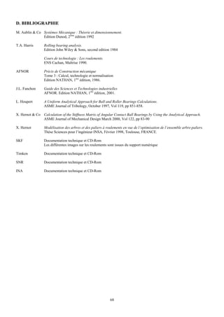 D. BIBLIOGRAPHIE
M. Aublin & Co Systèmes Mécanique : Théorie et dimensionnement.
               Edition Dunod, 2ème édition 1992

T.A. Harris      Rolling bearing analysis.
                 Edition John Wiley & Sons, second edition 1984

                 Cours de technologie : Les roulements.
                 ENS Cachan, Maîtrise 1990.

AFNOR            Précis de Construction mécanique
                 Tome 3 : Calcul, technologie et normalisation
                 Edition NATHAN, 1ère édition, 1986.

J.L. Fanchon     Guide des Sciences et Technologies industrielles
                 AFNOR. Edition NATHAN, 1ère édition, 2001.

L. Houpert       A Uniform Analytical Approach for Ball and Roller Bearings Calculations.
                 ASME Journal of Tribology, October 1997, Vol 119, pp 851-858.

X. Hernot & Co Calculation of the Stiffness Matrix of Angular Contact Ball Bearings by Using the Analytical Approach.
               ASME Journal of Mechanical Design March 2000, Vol 122, pp 83-90

X. Hernot        Modélisation des arbres et des paliers à roulements en vue de l’optimisation de l’ensemble arbre-paliers.
                 Thèse Sciences pour l’ingénieur INSA, Février 1998, Toulouse, FRANCE.

SKF              Documentation technique et CD-Rom
                 Les différentes images sur les roulements sont issues du support numérique

Timken           Documentation technique et CD-Rom

SNR              Documentation technique et CD-Rom

INA              Documentation technique et CD-Rom




                                                            68
 