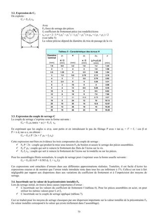 3.2. Expression de C2
On exploite :
        C2 = F0 f2 rm

                             Avec
                             F0 force de serrage des pièces
                             f2 coefficient de frottement pièce (ou rondelle)/écrou
                             rm ≈ ρ = 2 / 3 * ( ρ23 − ρ13 ) / ( ρ22 − ρ12 ) ≈ ρm = ( ρ1 + ρ2 ) / 2
                             (voir table 5)
                             La valeur précise dépend du diamètre du trou de passage de la vis
                  s
                                             Tableau 5 - Caractéristique des écrous H
                                  Diamètre     ρ1         s           ρ2        ρm          ρ
                                  nominal
                                              d/2                     s/2    (ρ1+ρ2 )/2
                                    (mm)      (mm)      (mm)         (mm)      (mm)       (mm)
                                     1.6       0.8        3.2        1.6        1.2        1.24
                                      2         1         4           2         1.5        1.56
                                     2.5       1.25       5          2.5        1.88       1.94
                                      3        1.5        5.5        2.75       2.13       2.19
                                      4         2         7          3.5        2.75       2.82
                                      5        2.5        8           4         3.25       3.31
                                      6         3         10          5          4         4.08
                                      8         4         13         6.5        5.25       5.35
                                     10         5         16          8         6.5        6.62
                                     12         6         18          9         7.5        7.60
                                     14         7         21         10.5       8.75       8.87
                                     16         8         24          12         10       10.13
                                     20        10         30          15        12.5      12.67
                                     24        12         36          18         15       15.20
                                     30        15         46          23         19       19.28


3.3. Expression du couple de serrage C
Le couple de serrage s’exprime sous la forme suivante :
        C0 = F0 ρ0 tan(α + ϕ1) + F0 f2 rm

En exprimant que les angles α et ϕ1 sont petits et en introduisant le pas du filetage P avec t tan ϕ1 = f’ = f1 / cos β et
P = π d2 tan α e, on obtient :
         C0 = F0 ( P / 2π + f’ ρ0 + f2 rm)

Cette expression met bien en évidence les trois composantes du couple de serrage :
         F0 P / 2π : couple qui produit la mise sous tension F0 du boulon et assure le serrage des pièces assemblées.
         F0 f’ ρ0 : couple qui sert à vaincre le frottement des filets de l’écrou sur la vis.
         F0 f2 rm : couple qui sert à vaincre le frottement de l’écrou sur la rondelle ou sur les pièces.

Pour les assemblages filetés normalisés, le couple de serrage peut s’exprimer sous la forme usuelle suivante :
         C0 = F0 (0.16 P + 0.583 d2 f1 + rm f2)

Ces expressions sont entachées d’erreurs dues aux différentes approximations réalisées. Toutefois, il est facile d’écrire les
expressions exactes et de montrer que l’erreur totale introduite reste dans tous les cas inférieure à 1%. Celle-ci est tout à fait
négligeable par rapport aux dispersions dues aux variations du coefficient de frottement et à l’imprécision des moyens de
serrage.

3.4. Incertitude sur la valeur de la précontrainte installée F0
Lors du serrage initial, on trouve deux causes importantes d’erreur :
         L’incertitude sur les valeurs du coefficient de frottement f (tableau 6). Pour les pièces assemblées en acier, on peut
         utiliser les mêmes valeurs pour f1 et f2.
         L’incertitude sur le couple de serrage appliqué (tableau 7).

Ceci se traduit pour les moyens de serrage classiques par une dispersion importante sur la valeur installée de la précontrainte F0
(la valeur installée correspond à la valeur qui existe réellement dans l’assemblage).


                                                                75
 
