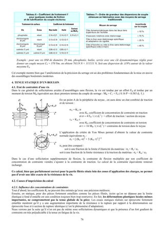 Exemple : pour une vis HM de diamètre 20 mm, phosphatée, huilée, serrée avec une clé dynamométrique réglée pour
    donner un couple moyen C0 = 370 Nm, on obtient 76118 N < 111511 N. Soit une dispersion de ±19% autour de la valeur
    moyenne F0.

Cet exemple montre bien que l’amélioration de la précision du serrage est un des problèmes fondamentaux de la mise en œuvre
des assemblages boulonnés modernes.

4. TENUE STATIQUE D’UN BOULON
4.1. Etat de contrainte d’une vis
Dans le cas général de sollicitations axiales d’assemblages sans flexion, la vis est tendue par un effort FB et tordue par un
moment de torsion MB équivalent aux deux premiers termes du couple de serrage : MB = C1 = F0 ( 0.16 P + 0.583 d2 f1 )

                                           En un point A de la périphérie du noyau , on aura donc un état combiné de traction
                                           et de torsion :

                                                    σA = Kt1 σ
                                                             avec Kt1 coefficient de concentration de contrainte en traction
                                                             et σ = 4 FB / ( π d32 ) = effort de traction / section du noyau
                                                    τA = Kt2 τ
                                                             avec Kt2 coefficient de concentration de contrainte en torsion
                                                             et τ = 16 MB / ( π d33 ) = contrainte de torsion dans le noyau

                                           L’application du critère de Von Mises permet d’obtenir la valeur de contrainte
                                           normale équivalente σe :
                                                   σe = [ (Kt1 σ)2 + 3 (Kt2 τ)2 ]1/2

                                           σe peut être comparé :
                                                soit à une fraction de la limite d’élasticité du matériau : σe < Re / α1
                                           soit à une fraction de la limite résistance à la traction du matériau : σe < Rm / α2

Dans le cas d’une sollicitation supplémentaire de flexion, la contrainte de flexion multipliée par son coefficient de
concentration de contrainte viendra s’ajouter à la contrainte de traction. Le calcul de la contrainte équivalente resterait
inchangé.

Ce calcul, bien que parfaitement correct pour la partie filetée située loin des zones d’application des charges, ne permet
pas d’avoir une idée exacte de la résistance de la vis.

4.2. Causes d’imprécision du calcul

4.2.1. Influence des concentrations de contraintes
Tout d’abord, les coefficients Kt ne peuvent être estimés qu’avec une précision médiocre.
Ensuite, en statique, pour des pièces fortement entaillées comme les pièces filetés, écrire qu’on ne dépasse pas la limite
élastique à fond d’entaille est une condition toujours bien trop restrictive. En fait, les déformations plastiques locales mêmes
importantes, ne compromettent pas la tenue globale de la pièce. Les essais statiques réalisés sur éprouvette fortement
entaillée montrent qu’il y a une augmentation importante de la résistance à la rupture par rapport à la détermination sur
éprouvette lisse et à section de rupture identique (c’est le phénomène d’adaptation).
Nous verrons par la suite qu’il n’en est pas de même sous sollicitations dynamiques et que la présence d’un fort gradient de
contrainte est très préjudiciable à la tenue en fatigue de la vis.

                                                               76
 