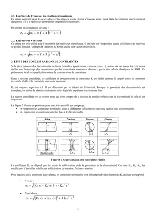 2.1. Le critère de Tresca ou du cisaillement maximum
Ce critère convient pour les aciers doux et les alliages légers. Il peut s’énoncer ainsi : deux états de contrainte sont également
dangereux s’il y a égalité des contraintes tangentielles maximales.

On obtient la formulation suivante :



2.2. Le critère de Von Mises
Ce critère est très utilisé pour l’ensemble des matériaux métalliques. Il est basé sur l’hypothèse que la défaillance du matériau
se produit lorsque l’énergie de variation de forme atteint une valeur limite fixée.




3. EFFET DES CONCENTRATIONS DE CONTRAINTES
Si la pièce présente des discontinuités de forme (entailles, épaulements, rainures, trous…), autour des ces zones les contraintes
réelles sont beaucoup plus importantes que les contraintes nominales obtenue à partir des calculs classiques de RDM. Ce
phénomène local est appelé phénomène de concentration de contraintes.

Dans la section considérée, le coefficient de concentration de contrainte Kt est défini comme le rapport entre la contrainte
maximale réelle et la contrainte maximale nominale.

Kt est toujours supérieur à 1. Il est déterminé par la théorie de l’élasticité. Lorsque la géométrie des discontinuités est
complexe, on utilise la photoélasticimétrie ou les logiciels exploitant les éléments finis.

La section considérée est la section nette qui tient compte de la section de matière enlevée par la discontinuité si celle-ci est
importante.

La Figure 5 illustre ce problème pour une arbre entaillé par une gorge.
    • σ représente les contraintes nominales, dues à différentes sollicitations dans une section sans discontinuités.
    • σr, représente les contraintes réelles dues à l’effet d’entaille.




                                       Figure 5 : Représentation des contraintes réelles

Le coefficient Kt ne dépend que du mode de sollicitation et de la géométrie de la discontinuité. On note Ktt, Ktf, Kto les
coefficients d’entailles relatifs aux sollicitations de traction, flexion et torsion.

Pour le calcul de la contrainte équivalente, les contraintes nominales sont affectées individuellement du Kt qui leur correspond.

         •   Tresca :



         •   Von Mises :




                                                                6
 