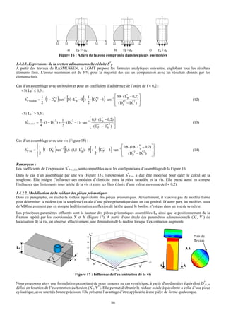 a)       DP >> dW                          b)   Dp > dW        c)   Dp < dW
                                           Figure 16 : Allure de la zone comprimée dans les pièces assemblées

1.4.2.1. Expressions de la section adimensionnelle réduite S*P
A partir des travaux de RASMUSSEN, le LGMT propose les formules analytiques suivantes, englobant tous les résultats
éléments finis. L'erreur maximum est de 5 % pour la majorité des cas en comparaison avec les résultats donnés par les
éléments finis.

Cas d’un assemblage avec un boulon et pour un coefficient d’adhérence de l’ordre de f ≈ 0,2 :
   - Si LP* ≤ 0,5 :
                                                                    ⎡ 0,8 ⋅ ( L*p − 0,2) ⎤
                 1
                           (           )        1
                                                  [             ]
     S* boulon = ⋅ 1 − D*2 tan −1 50 ⋅ L*p − 5 + ⋅ D*2 − 1 ⋅ tan −1 ⎢
       P                h                           P                     (*2
                                                                                     )
                                                                                    *2
                                                                                         ⎥                                           (12)
                 2                              2                   ⎢ (Dp − Dh ) ⎥
                                                                    ⎣                    ⎦

     - Si LP* > 0,5 :
                     π           2  1      2             ⎡ 0,8 ⋅ (L*p − 0,2) ⎤
       S* boulon =
        P              ⋅ (1 − D* ) + ⋅ (D* − 1) ⋅ tan −1 ⎢
                               h         P                        2       2  ⎥                                                       (13)
                     4              2                    ⎢ ( D * − D* ) ⎥
                                                         ⎣      P       h    ⎦


Cas d’un assemblage avec une vis (Figure 15) :
              ⎧1                                                             ⎡ 0,8 ⋅ (1,8 ⋅ L*p − 0,2) ⎤ ⎫
       P
              ⎪
                       (
                       h           )          [          1
                                                                      ]
     S* vis = ⎨ ⋅ 1 − D*2 tan −1 8,6 ⋅ (1,8 ⋅ L*p ) − 5 + ⋅ D*2 − 1 ⋅ tan −1 ⎢
                                                             P                   (     *2
                                                                                         )      *2
                                                                                                       ⎥⎬
                                                                                                         ⎪
                                                                                                                                     (14)
              ⎪2
              ⎩
                                                         2                   ⎢ (Dp − Dh ) ⎥⎪
                                                                             ⎣                         ⎦⎭

Remarques :
Les coefficients de l’expression S*P boulon sont compatibles avec les configurations d’assemblage de la Figure 16.
Dans le cas d’un assemblage par une vis (Figure 15), l’expression S*P vis a due être modifiée pour caler le calcul de la
souplesse. Elle intègre l’influence des modules d’élasticité entre la pièce taraudée et la vis. Elle prend aussi en compte
l’influence des frottements sous la tête de la vis et entre les filets (choix d’une valeur moyenne de f ≈ 0,2).

1.4.2.2. Modélisation de la raideur des pièces prismatiques
Dans ce paragraphe, on étudie la raideur équivalente des pièces prismatiques. Actuellement, il n’existe pas de modèle fiable
pour déterminer la raideur (ou la souplesse) axiale d’une pièce prismatique dans un cas général. D’autre part, les modèles issus
de VDI ne prennent pas en compte la déformation en flexion de la tête quand le boulon n’est pas dans un axe de symétrie.
Les principaux paramètres influents sont la hauteur des pièces prismatiques assemblées Lp ainsi que le positionnement de la
fixation repéré par les coordonnées X et Y (Figure 17). A partir d’une étude des paramètres adimensionnels (X*, Y*) de
localisation de la vis, on observe, effectivement, une diminution de la raideur lorsque l’excentration augmente.


                                                                      Sp*
                                                                                                                                     Plan de
                                                      dW                                                                             flexion
LP                                                                                                                              AA

                               Y                           X
                                                                            Y*
                                                                                                            X*         A        A

                                                           Figure 17 : Influence de l’excentration de la vis

Nous proposons alors une formulation permettant de nous ramener au cas symétrique, à partir d'un diamètre équivalent D*p_eq
défini en fonction de l’excentration du boulon (X*, Y*). Elle permet d’obtenir la raideur axiale équivalente à celle d’une pièce
cylindrique, avec une très bonne précision. Elle présente l’avantage d’être applicable à une pièce de forme quelconque.

                                                                                         86
 