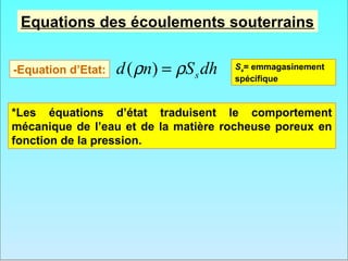 Equations des écoulements souterrains


-Equation d’Etat:   d ( ρn) = ρS s dh   Ss= emmagasinement
                                        spécifique



*Les équations d’état traduisent le comportement
mécanique de l’eau et de la matière rocheuse poreux en
fonction de la pression.
 