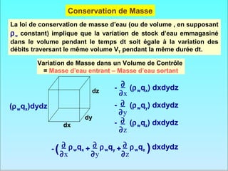 Conservation de Masse
La loi de conservation de masse d’eau (ou de volume , en supposant
ρ w constant) implique que la variation de stock d’eau emmagasiné
dans le volume pendant le temps dt soit égale à la variation des
débits traversant le même volume VT pendant la même durée dt.

        Variation de Masse dans un Volume de Contrôle
          = Masse d’eau entrant – Masse d’eau sortant


                          dz     - ∂ (ρ wqx) dxdydz
                                   ∂x
(ρ wqx)dydz                      - ∂ (ρ wqy) dxdydz
                                  ∂y
                        dy
                 dx              - ∂ (ρ wqz) dxdydz
                                   ∂z

              - ( ∂ ρ wqx + ∂ ρ wqy + ∂ ρ wqz ) dxdydz
                 ∂x        ∂y        ∂z
 
