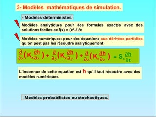 3- Modèles mathématiques de simulation.
 - Modèles déterministes
 Modèles analytiques pour des formules exactes avec des
 solutions faciles ex f(x) = (x2-1)/x

 Modèles numériques: pour des équations aux dérivées partielles
 qu’on peut pas les résoudre analytiquement

∂    ∂h          ∂      ∂h
  (K
∂x x ∂x    )   +
                 ∂y
                   ( Ky ∂y   ) + ∂z( Kz ∂h )
                                 ∂
                                        ∂z
                                                  = Ss ∂h
                                                       ∂t

L’inconnue de cette équation est   h qu’il faut résoudre avec des
modèles numériques




 - Modèles probabilistes ou stochastiques.
 