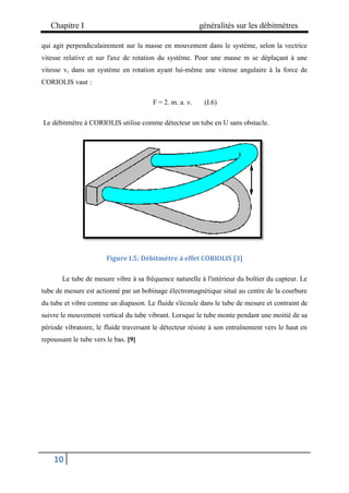 Chapitre I généralités sur les débitmètres
10
qui agit perpendiculairement sur la masse en mouvement dans le système, selon la vectrice
vitesse relative et sur l'axe de rotation du système. Pour une masse m se déplaçant à une
vitesse v, dans un système en rotation ayant lui-même une vitesse angulaire à la force de
CORIOLIS vaut :
F = 2. m. a. v. (I.6)
Le débitmètre à CORIOLIS utilise comme détecteur un tube en U sans obstacle.
Figure I.5: Débitmètre à effet CORIOLIS [3]
Le tube de mesure vibre à sa fréquence naturelle à l'intérieur du boîtier du capteur. Le
tube de mesure est actionné par un bobinage électromagnétique situé au centre de la courbure
du tube et vibre comme un diapason. Le fluide s'écoule dans le tube de mesure et contraint de
suivre le mouvement vertical du tube vibrant. Lorsque le tube monte pendant une moitié de sa
période vibratoire, le fluide traversant le détecteur résiste à son entraînement vers le haut en
repoussant le tube vers le bas. [9]
 